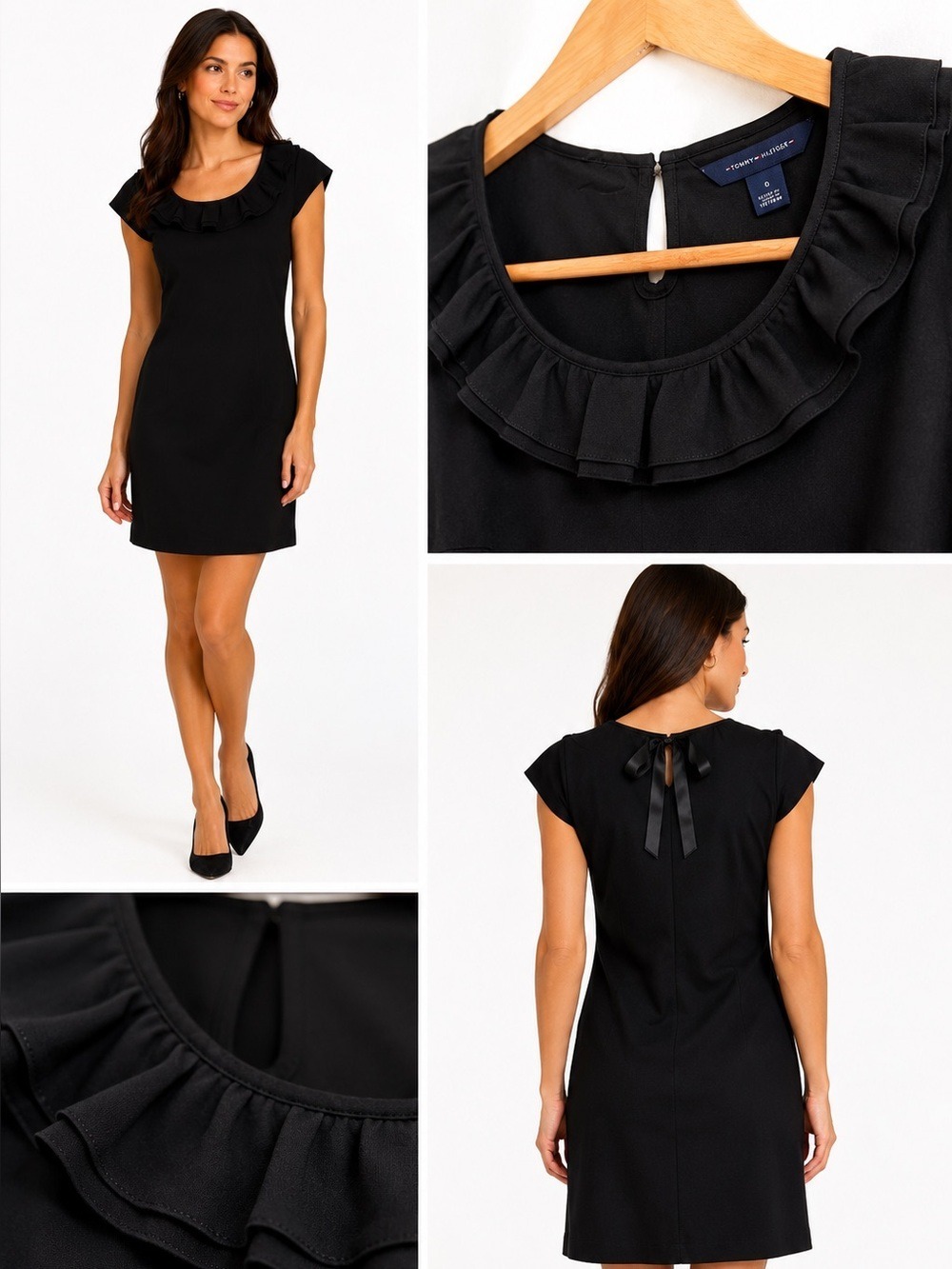 Tommy Hilfiger Black Ruffle Neck Sheath Dress Size 0 Little Black Dress Career